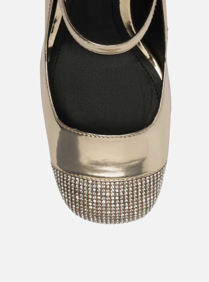 Sapato Boneca Dourado Salto Bloco Strass