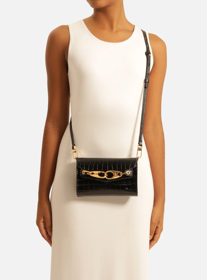 Bolsa Tiracolo Preta Couro Croco Pequena Ganchos