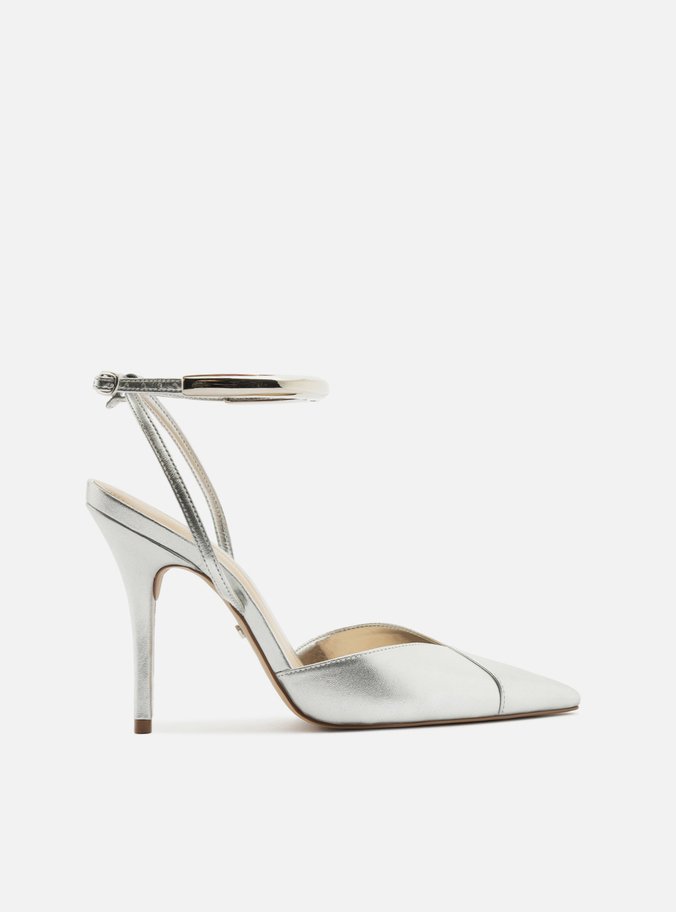 Scarpin Prata Couro Salto Alto Tira Metal