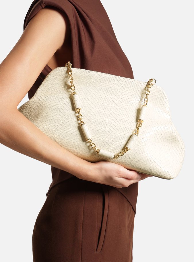 Bolsa Clutch Branca Couro Média Snake Corrente