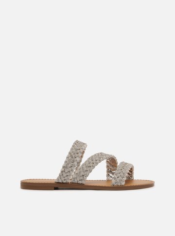 Rasteira Prata Bico Redondo Tiras Trança