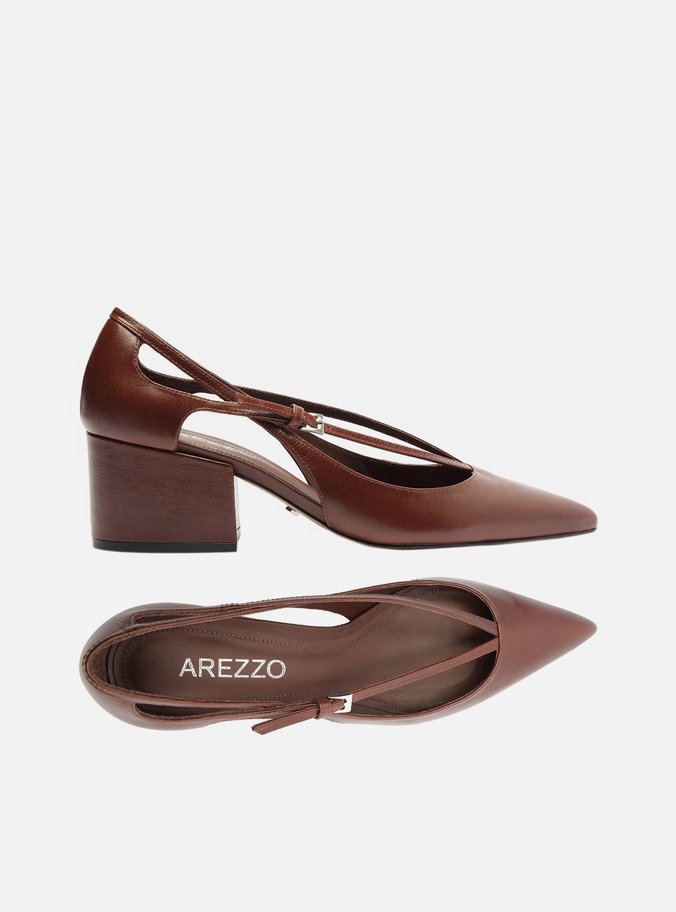 Scarpin Marrom Couro Bloco Semi Aberto Tiras