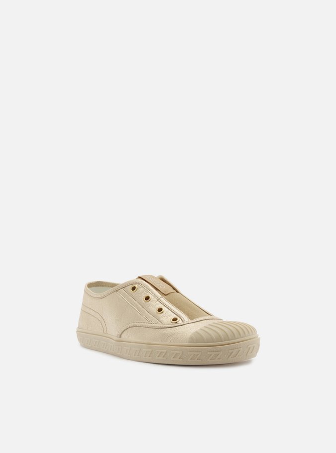 Tênis Slip On Dourado Couro Sola Baixa Elástico