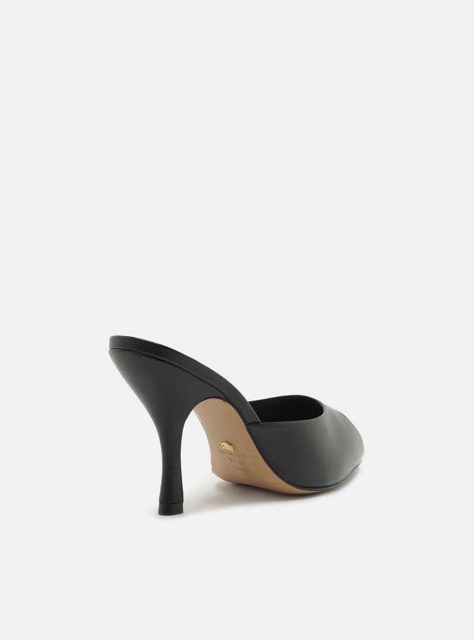 Mule Peep Toe Preta Couro Salto Alto