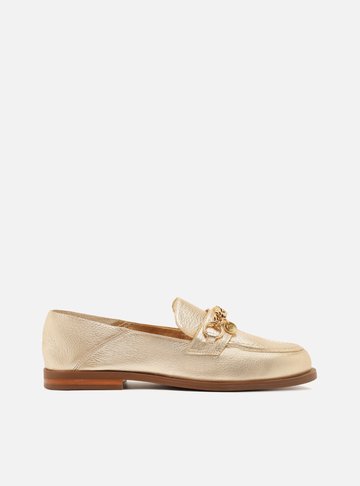 Mocassim Dourado Couro Corrente Pingente