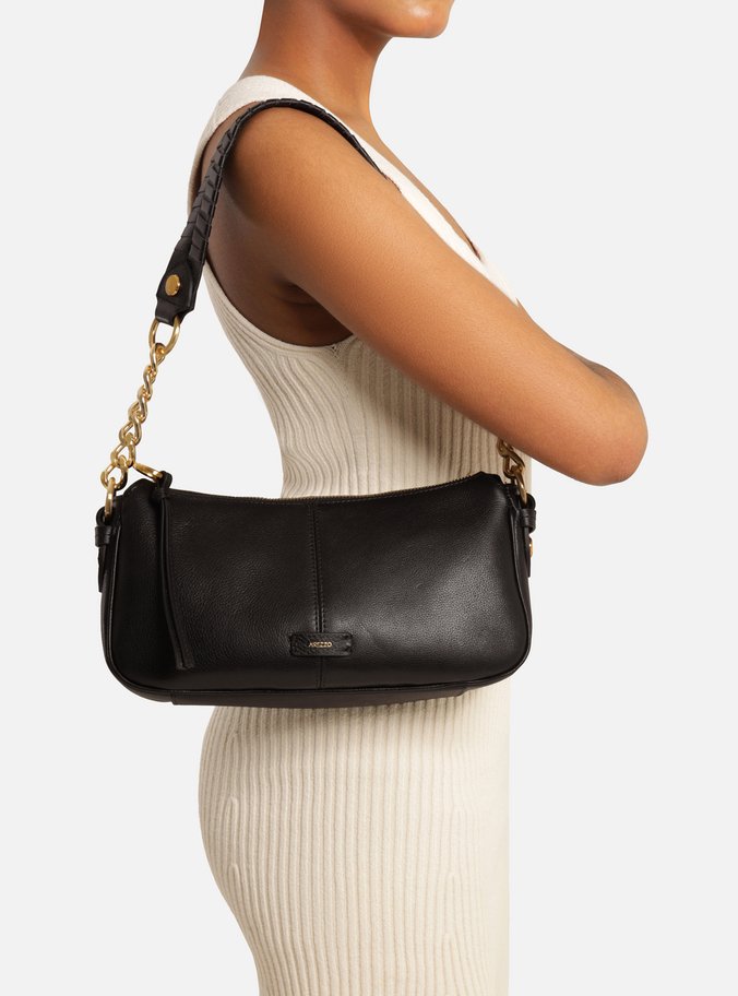 Bolsa Shoulder Preta Couro Média Costura Corrente