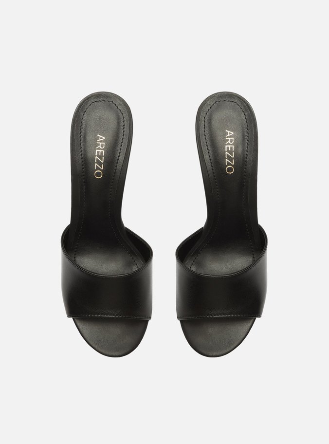 Tamanco Preto Couro Salto Flare