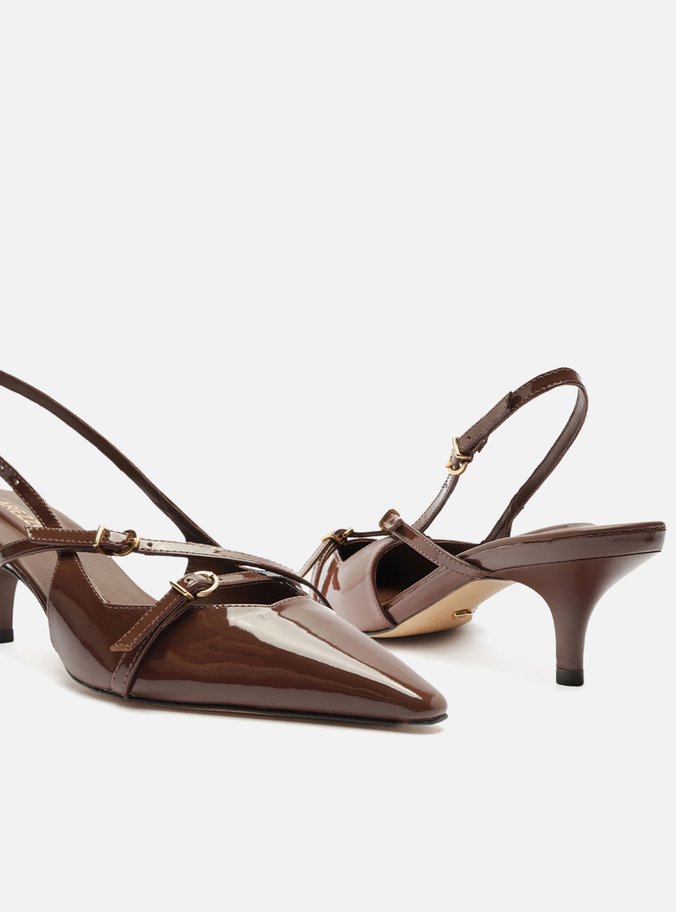 Scarpin Marrom Verniz Salto Médio Slingback Amélia