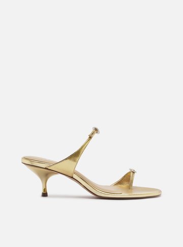 Sandália Dourada Couro Salto Kitten Fivela Cristais