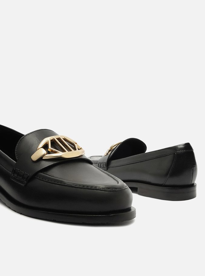 Mocassim Preto Couro Metal Geométrico