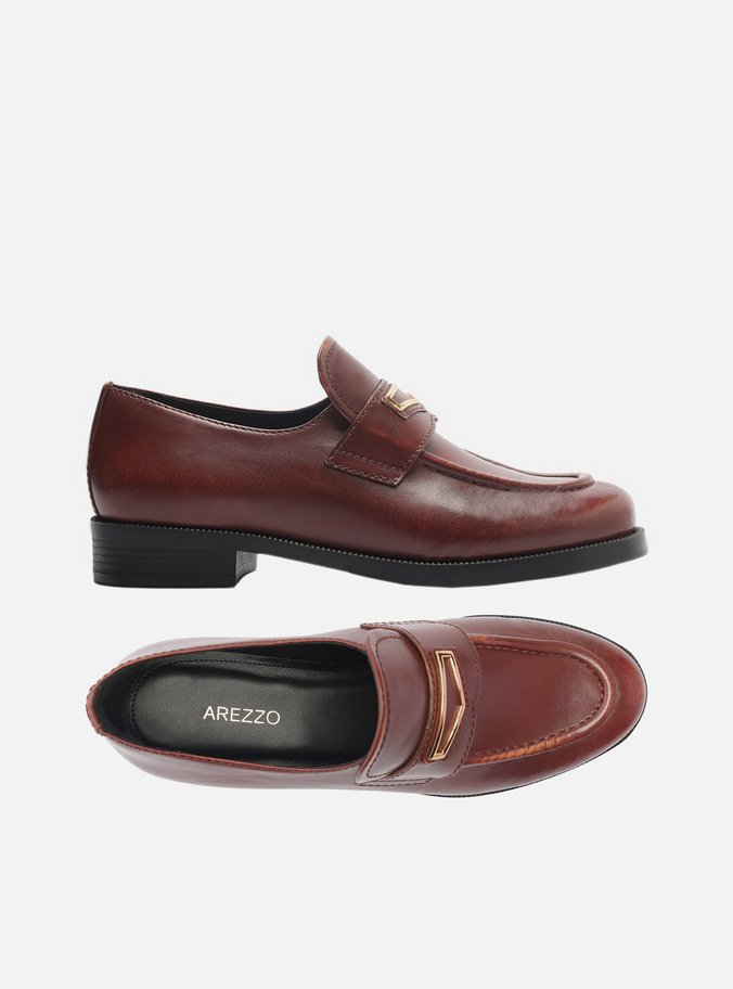 Mocassim Marrom Couro Bico Redondo Retrô Metal