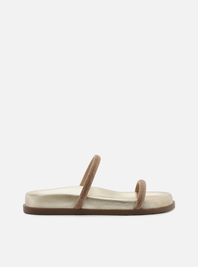 Sandália Rasteira Dourada Tiras Finas Strass