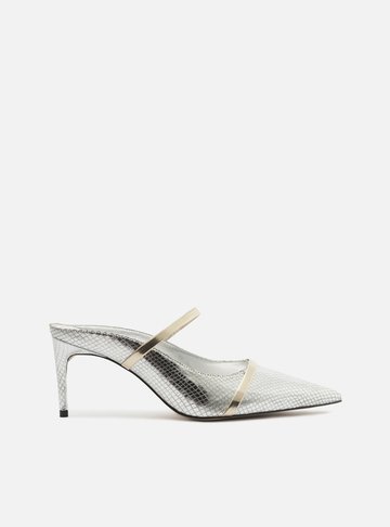 Mule Prateada Skin Salto Fino Tiras