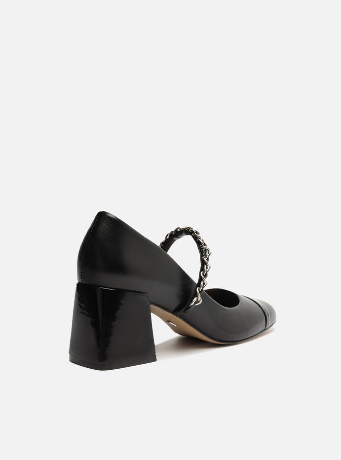 Sapato Boneca Preto Couro Salto Bloco Tira Corrente