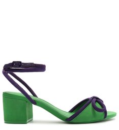 Sandália Verde Nobuck Bloco Laço Roxa