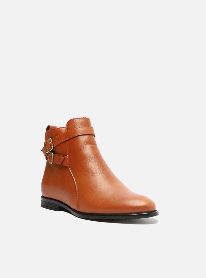 Bota Marrom Couro Cano Curto Tiras Fivelas