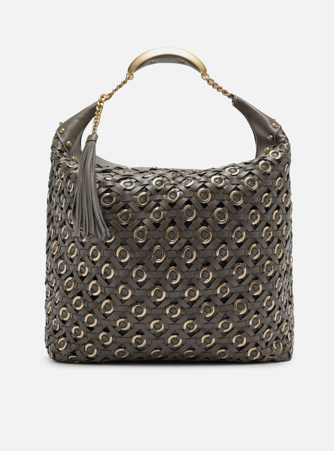 Bolsa Hobo Cinza Couro Tressê Metais Grande