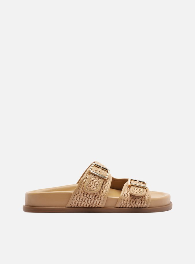 Sandália Papete Bege Palha Cortiça Fivelas