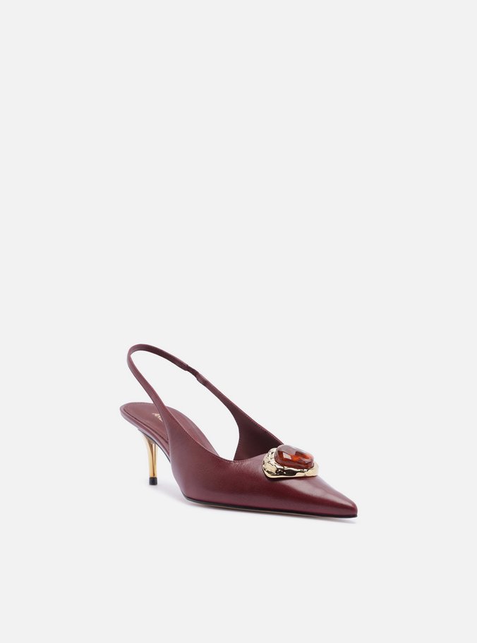 Scarpin Vinho Couro Salto Baixo Slingback Pedraria