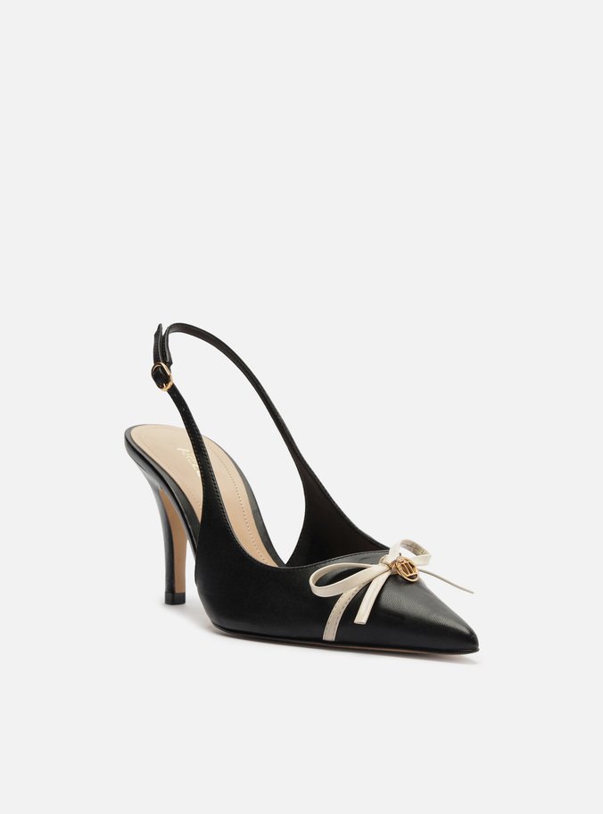 Scarpin Preto Couro Salto Médio Slingback Laço