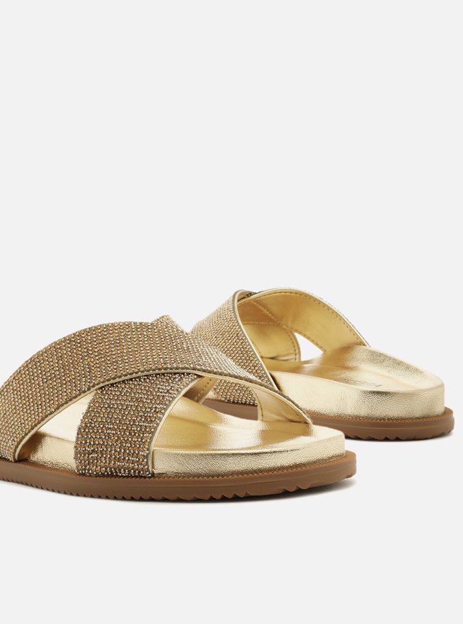Slide Dourado Tiras Largas Strass