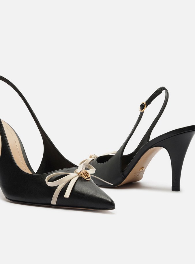 Scarpin Preto Couro Salto Médio Slingback Laço