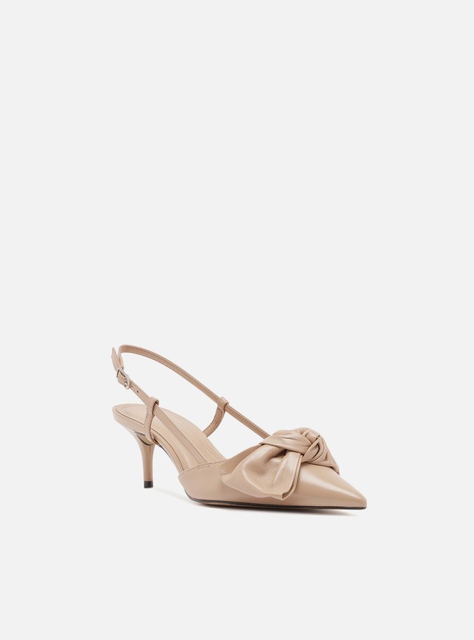 Scarpin Nude Couro Salto Fino Maxi Laço Slingback