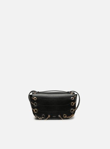 Bolsa Tiracolo Preta Couro Pequena Costuras Metais