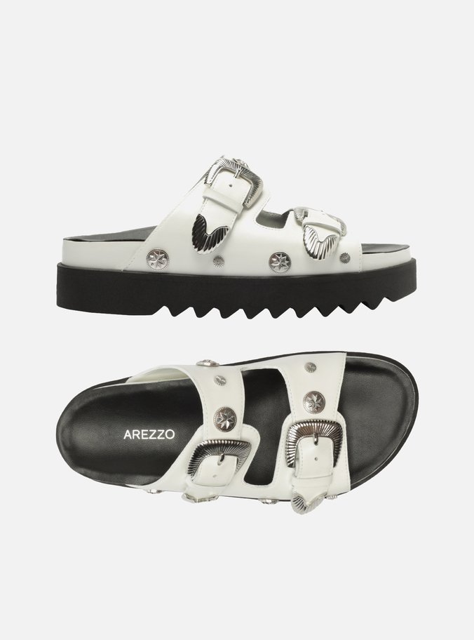Sandália Branca Couro Flatform Fivelas Metais