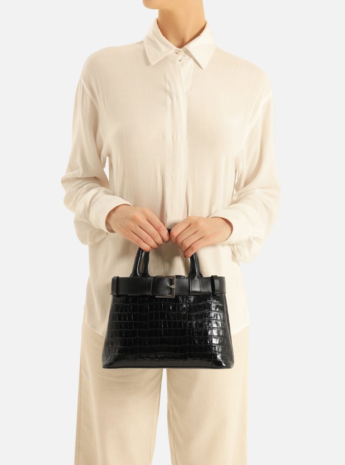 Bolsa Tote Preta Couro Croco Média Fivela
