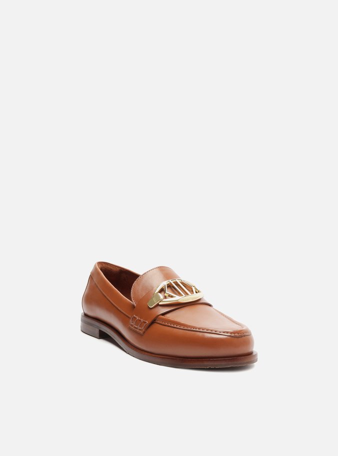 Mocassim Marrom Couro Metal Geométrico