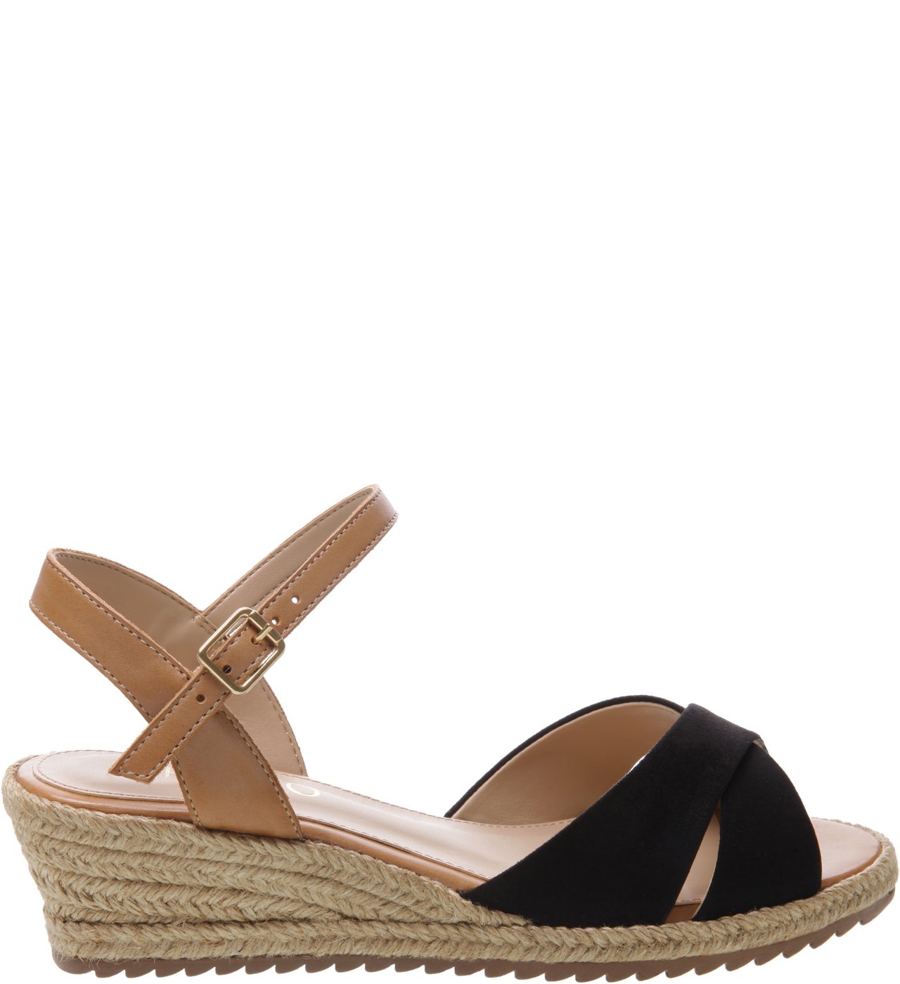 Sandália Couro Salto Plataforma Baixo Preto e Natural Tan Arezzo