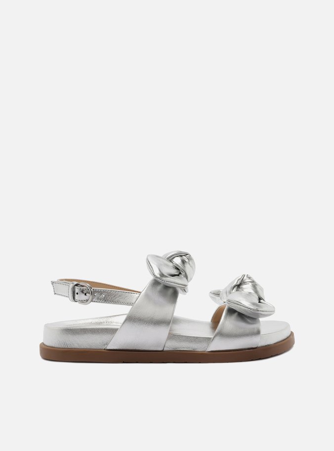 Sandália Rasteira Prata Couro Flatform Laços
