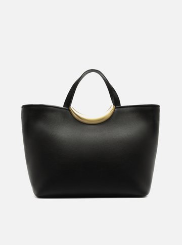 Bolsa Shopping Preta Couro Grande Metal Bold