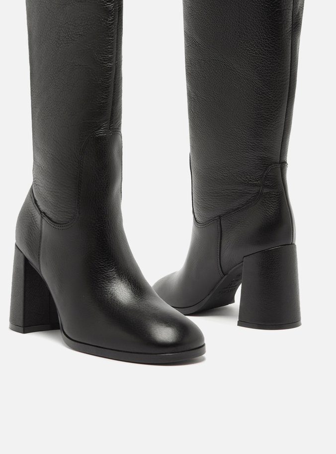 Bota Preta Couro Cano Longo Salto Médio