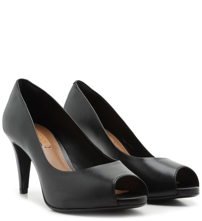 Scarpin Couro Salto Médio Peep Toe Preto