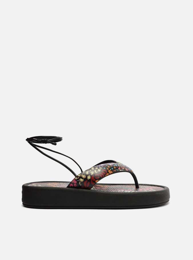 Sandália Rasteira Preta Floral Amarração Brizza