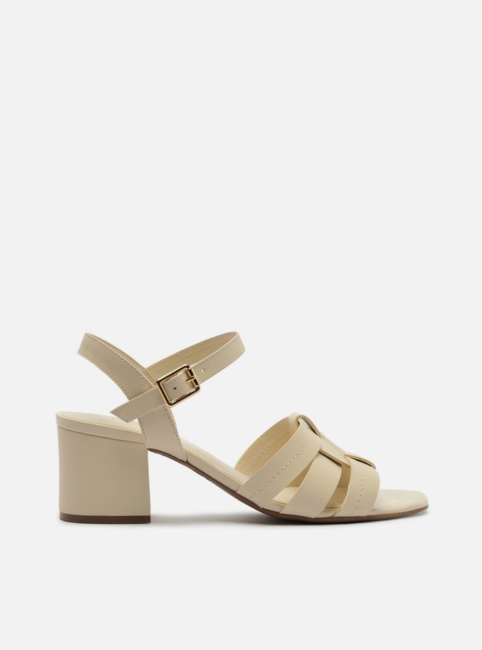 Sandália Off White Couro Salto Médio Bloco Tressê