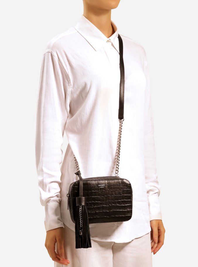 Bolsa Tiracolo Preta Croco Pequena Barbicacho