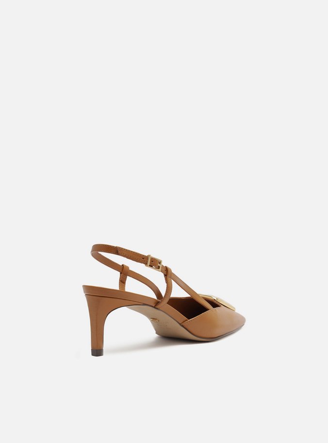 Scarpin Marrom Couro Salto Baixo Slingback Metal