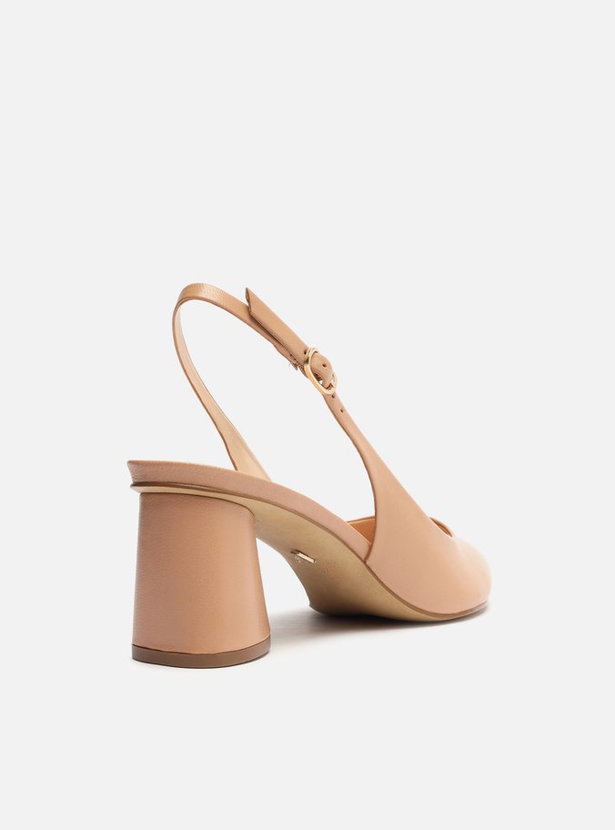 Scarpin Bege Couro Salto Geométrico Slingback