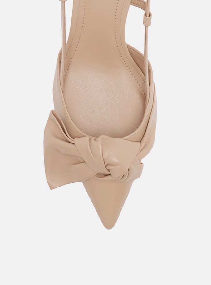 Scarpin Nude Couro Salto Fino Maxi Laço Slingback