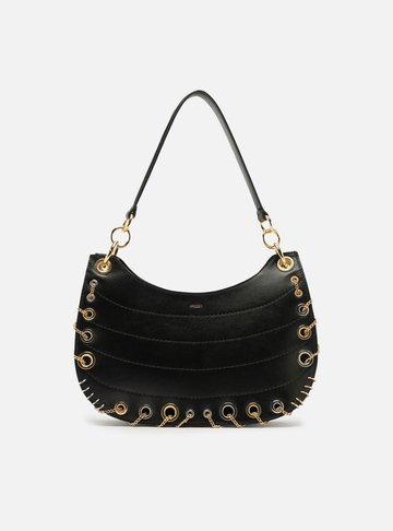 Bolsa Hobo Preta Couro Média Costuras Metais