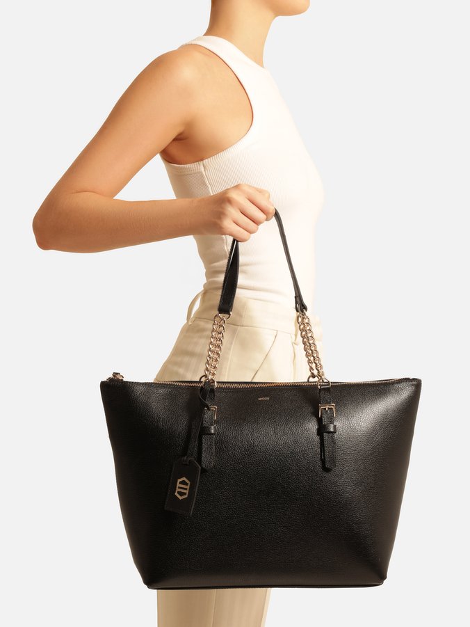 Bolsa Shopping Preta Couro Grande Alça Corrente