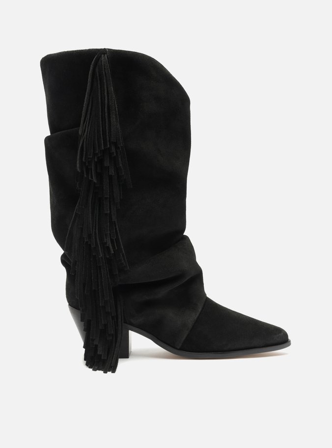 Bota Preta Suede Cano Alto Bloco Franjas