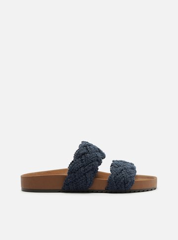 Sandália Papete Azul Bordado Tiras Largas