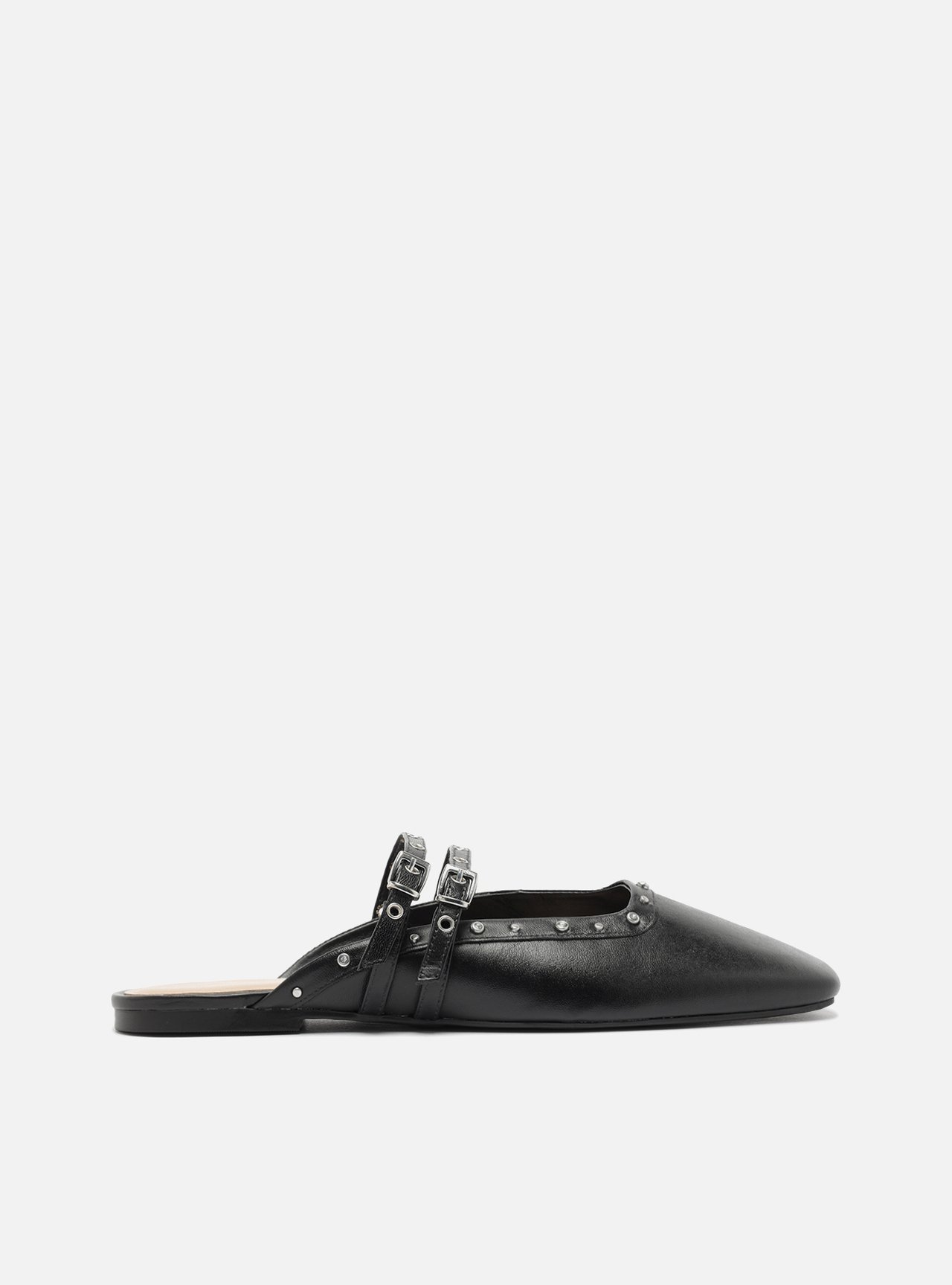 Mule Preto Nappa Bico Quadrado Fivela Tachas — foto 1