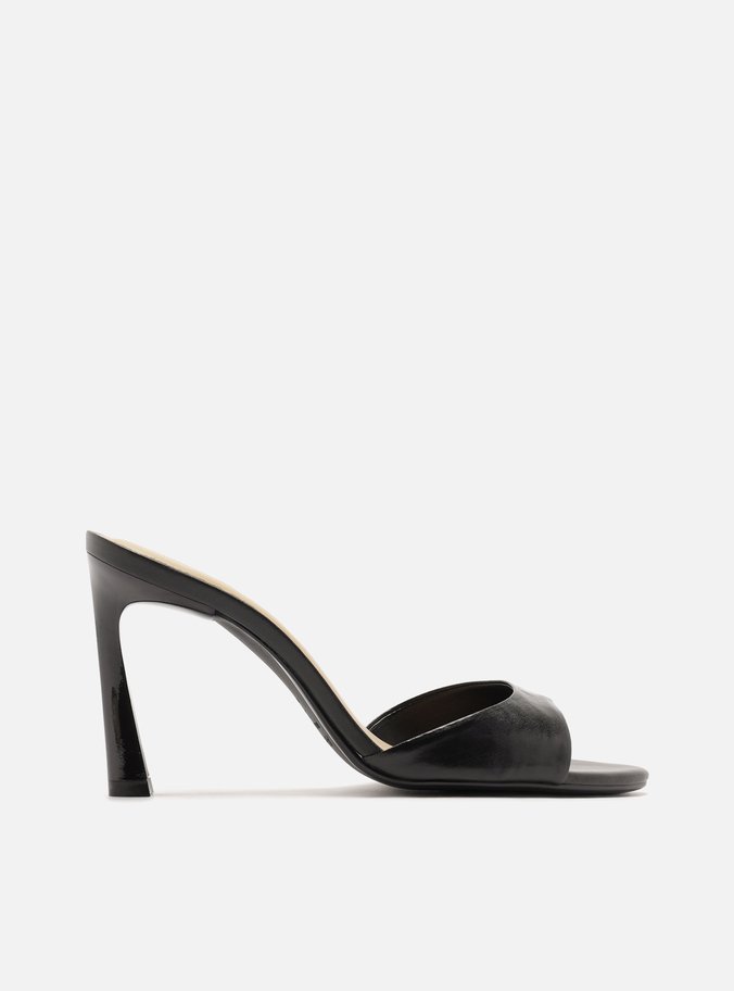 Mule Preta Salto Alto Fino Tira Média