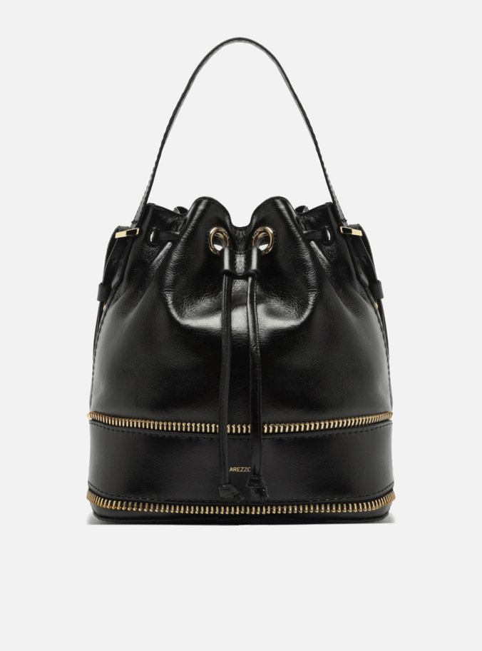 Bolsa Bucket Preta Couro Média Zíper