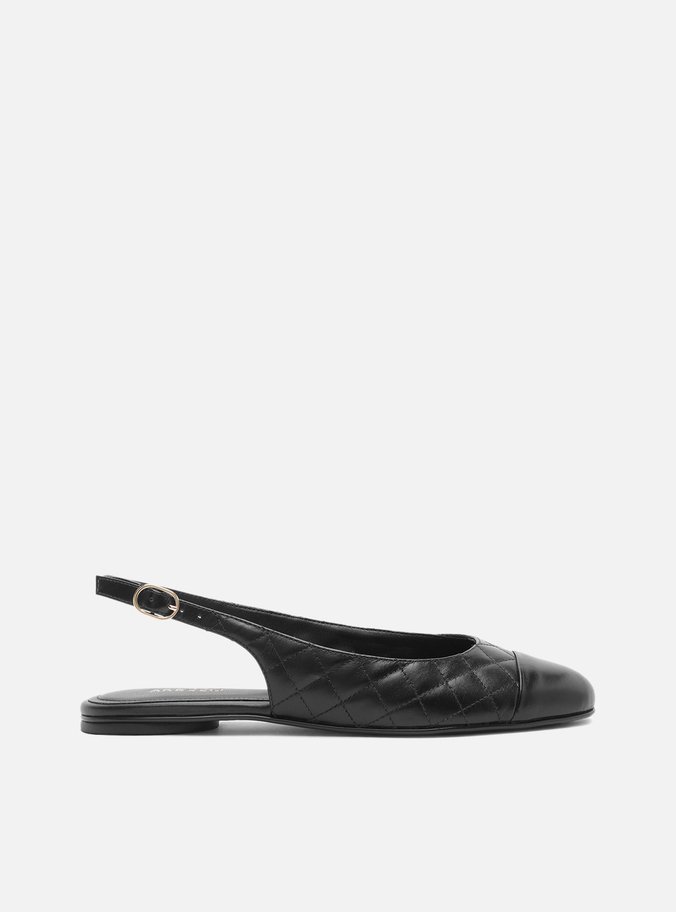 Sapatilha Preta Couro Bico Redondo Matelassê Slingback
